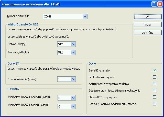 6. W tym samym oknie należy wprowadzić również jeszcze kilka zmian: Wielkość transferów USB Odbioru (Bajty): 512 Wielkość transferów USB Transmisji (Bajty): 512 Opcje BM Czas opóźnienia (msek): 1