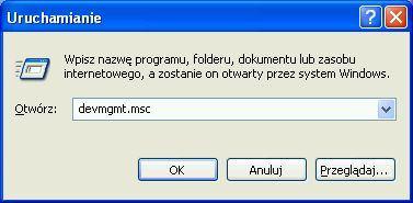 Konfiguracja portów: 1. Otwieramy okienko Uruchamianie. W tym celu albo klikamy START -> Uruchom, albo naciskamy klawisze [Windows] + [R]. W nowootwartym oknie wpisujemy devmgmt.msc i klikamy OK: 2.