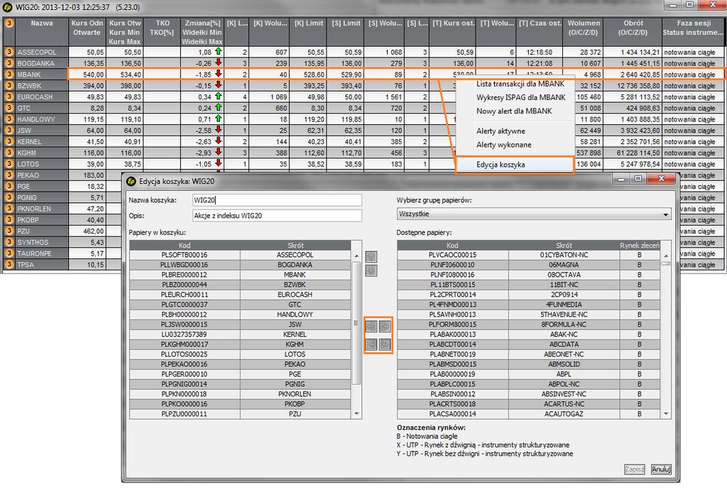 Edycja koszyka z poziomu notowań Serwis transakcyjny umożliwia edycję składu koszyka bezpośrednio z poziomu notowań.