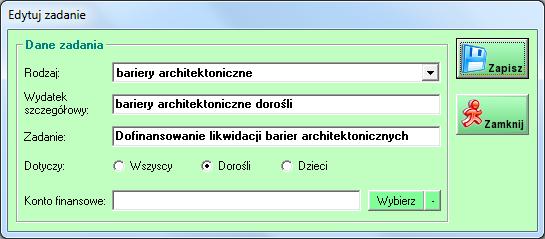 Dla zadań, w których osobno są rozliczani dorośli i dzieci, należy utworzyć dwa osobne wpisy