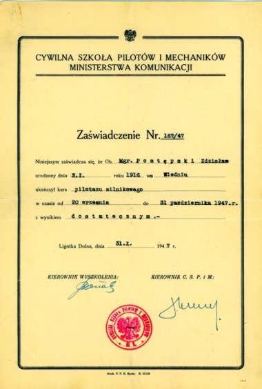 W 1947 roku ukończył także rozpoczęty przed wojną kurs pilotażu samolotowego. / z arch.