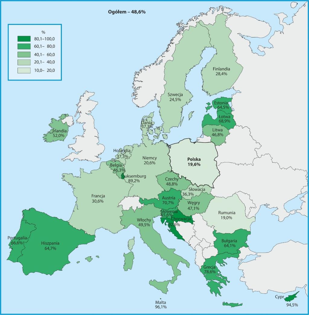 Mapa 1. Udział noclegów udzielonych turystom w ogólnej liczbie noclegów w 2016 r. w krajach Unii Europejskiej * * Brak danych dla Wielkiej Brytanii.