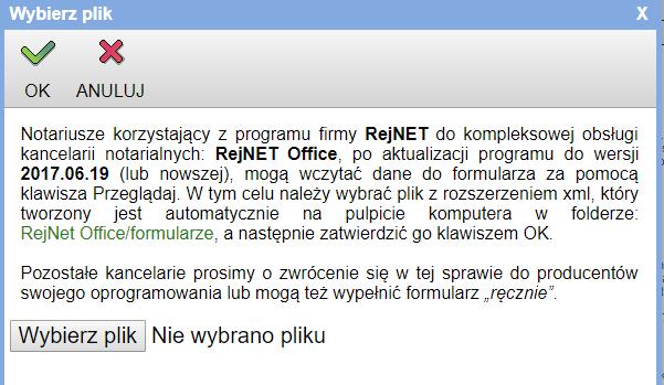 w kolejnym oknie kliknąć klawisz Wybierz plik, przejść na pulpit i z folderu RejNET Office/Formularze