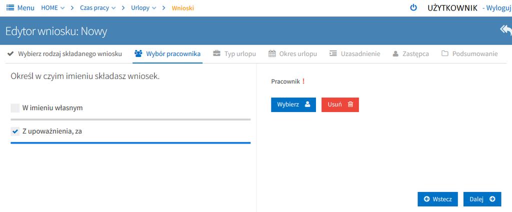 Po zaznaczeniu opcji Z upoważnienia, za po prawej stronie ekranu pojawiają się przyciski Wybierz, który aktywuje listę pracowników oraz Usuń, który pozwala usunąć