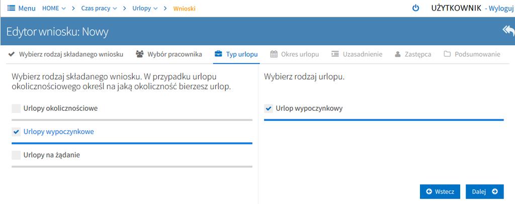 Krok 4 Wybór okresu urlopu W tym kroku wprowadzamy daty początku i końca urlopu. Daty można wybrać z kalendarza lub wpisać ręcznie.