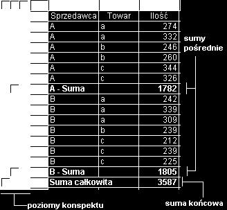 Widać tutaj sumy wielkości sprzedaży każdego ze sprzedawców, całkowitą wielkość sprzedaży oraz 3