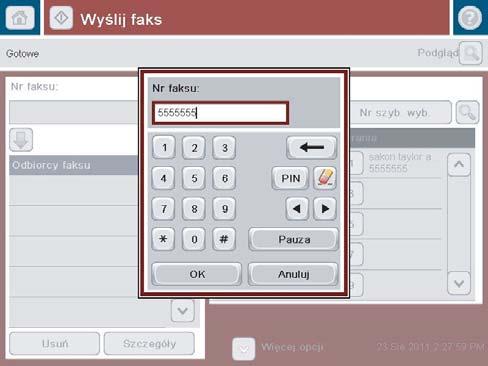 4. Dotknij pola Nr faksu, aby otworzyć klawiaturę numeryczną. 5. Wpisz numer telefonu, a następnie dotknij przycisku OK. 6. Dotknij przycisku Start, aby wysłać faks.