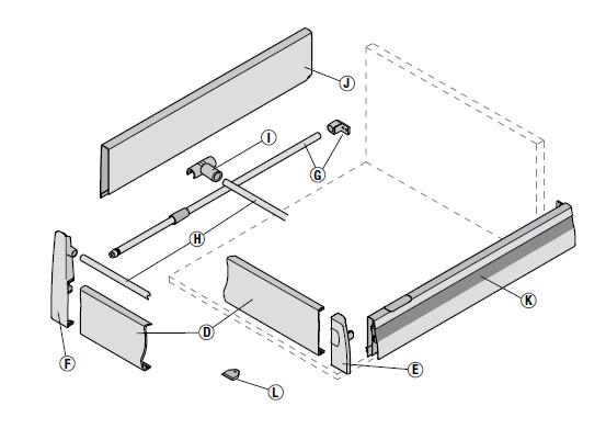 dodatkowe elementy systemu Dodatkowe elementy systemowe D - front aluminiowy szuflady / wysuwki wewnętrznej E - mocowanie szuflady wewnętrznej F - mocowania wysuwki wewnętrznej G