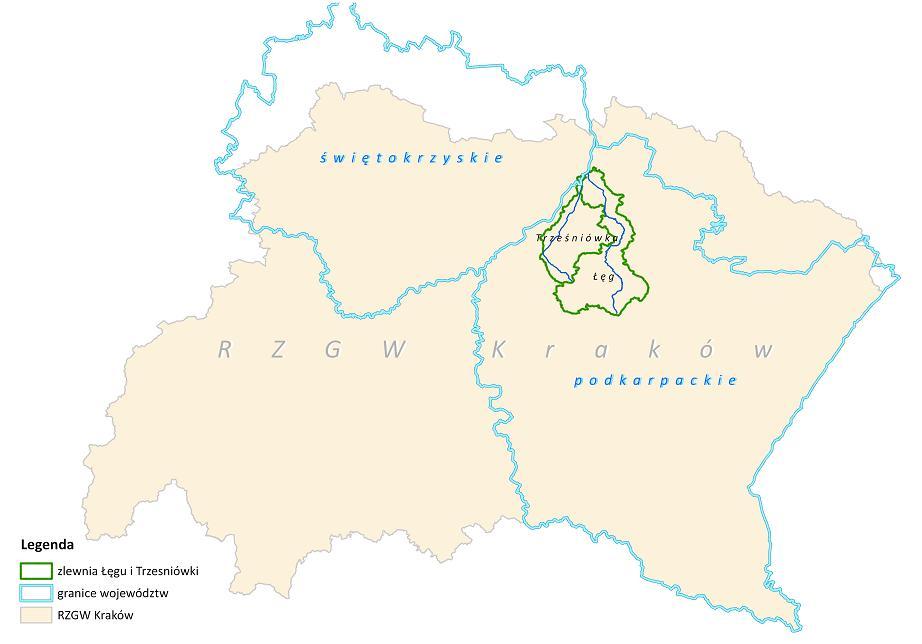 Rys.1. Obszar zlewni Łęgu i Trześniówki objęty opracowaniem Zakres prac przewidzianych w Zadaniu I oraz II dotyczy rzeki Łęg i Trześniówka oraz ich dopływów o łącznej długości ok. 314,5 km.
