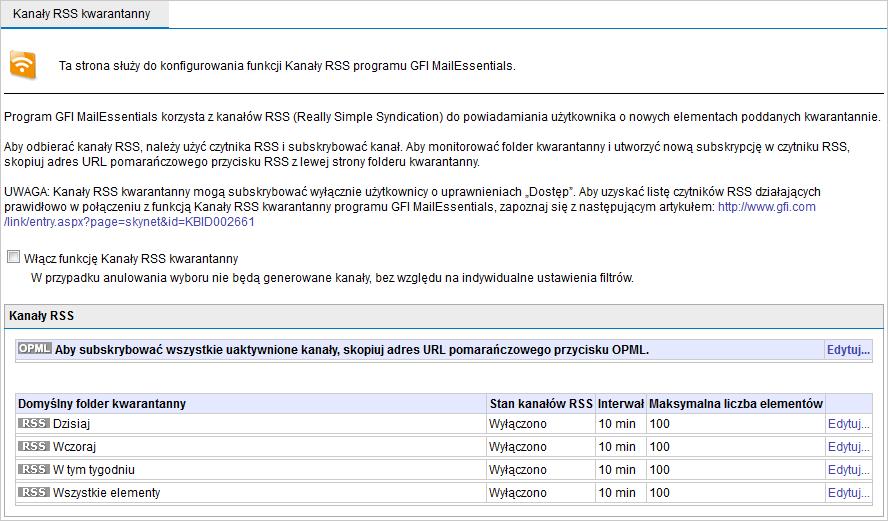 Kanałów RSS kwarantanny programu GFI MailEssentials można używać, korzystając z większości czytników RSS.