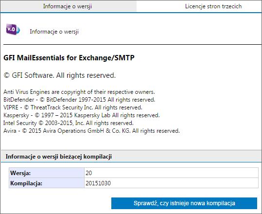 10.1 Informacje dotyczące instalacji Screenshot 138: Strona Informacje o wersji Aby wyświetlić informacje o wersji programu GFI MailEssentials, przejdź do węzła Informacje.