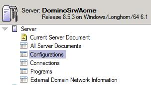 Screenshot 5: Moduł Lotus Domino Administrator kliknij opcję Configurations (Konfiguracje). 2. Po wybraniu sekcji konfiguracji w oknie głównym zostanie wyświetlona konfiguracja serwera.