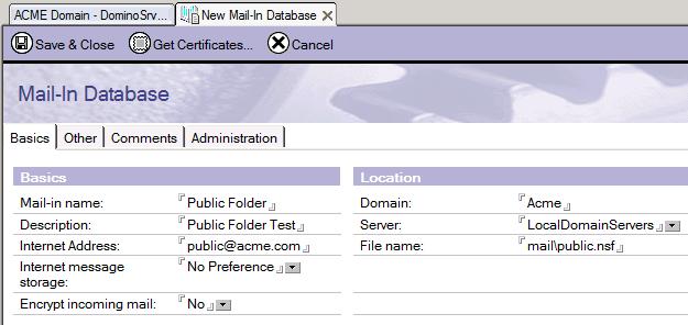 Screenshot 13: Nowa baza danych poczty przychodzącej 7. Z poziomu modułu Lotus Notes Administrator skonfiguruj folder do użycia na potrzeby poczty.