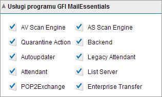 Usługi Screenshot 26: Usługi programu GFI MailEssentials W obszarze Usługi są wyświetlane informacje dotyczące stanu usług programu GFI MailEssentials. usługa została uruchomiona.