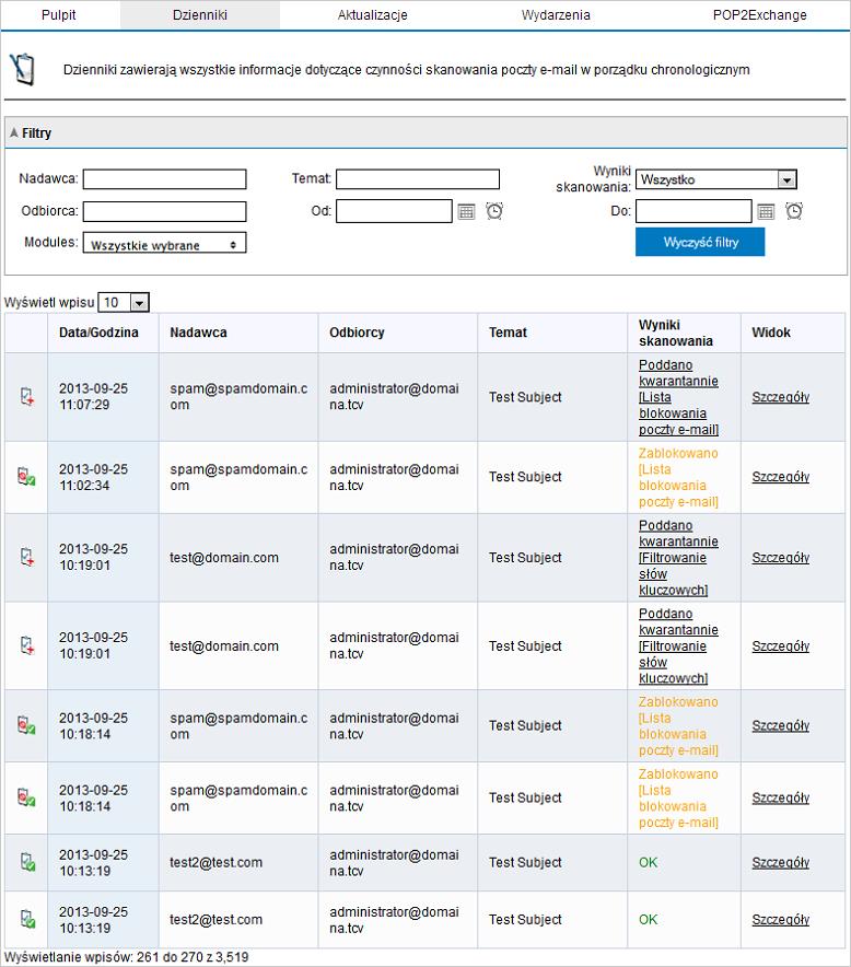 Screenshot 29: Dzienniki przetwarzania poczty e-mail Przejdź do obszaru GFI MailEssentials > Pulpit i wybierz kartę Dzienniki, aby wyświetlić listę przetworzonych wiadomości