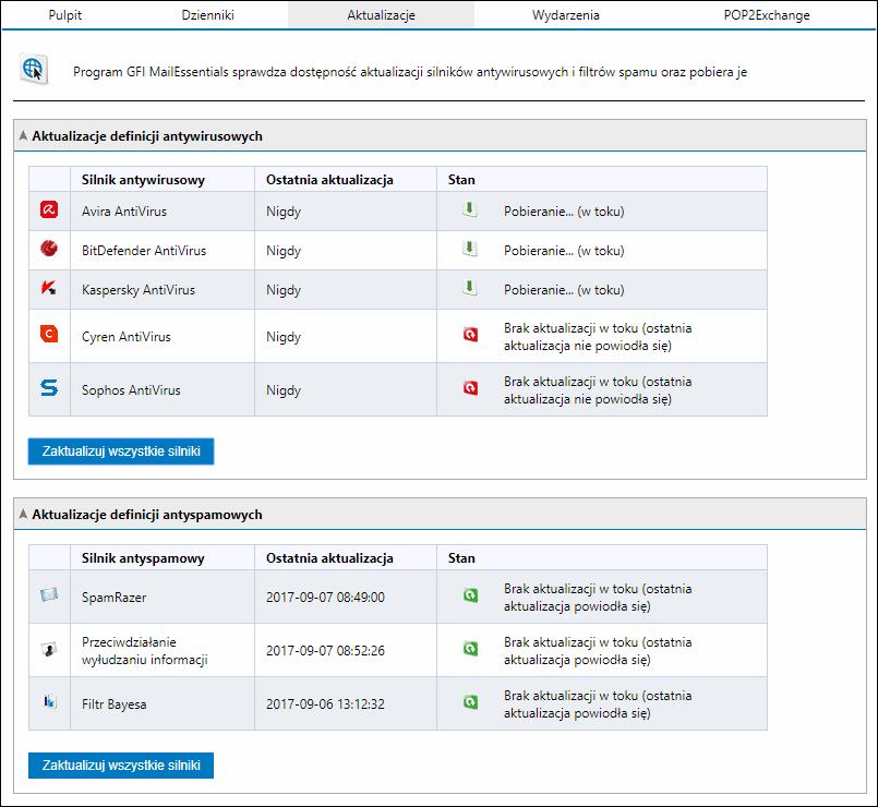 Screenshot 31: Aktualizacje silników antywirusowych Aby sprawdzić dostępność wszelkich aktualizacji i pobrać je, kliknij przycisk Zaktualizuj wszystkie silniki.