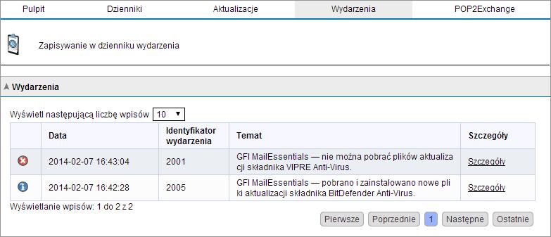 3.1.4 Dzienniki wydarzeń Screenshot 32: Dzienniki wydarzeń Z poziomu konfiguracji GFI MailEssentials można monitorować ważne wydarzenia związane z GFI MailEssentials.