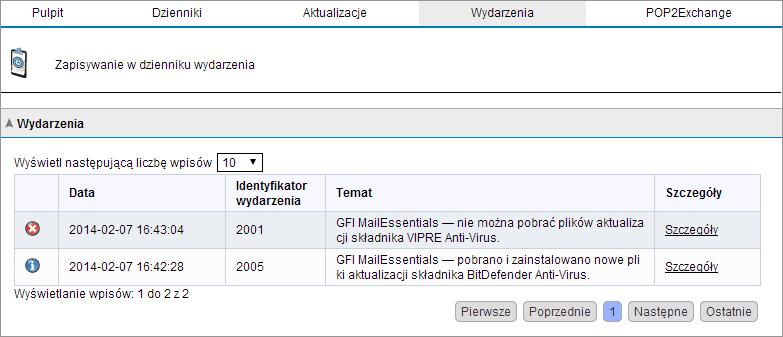 3.1.4 Dzienniki wydarzeń Screenshot 32: Dzienniki wydarzeń Z poziomu konfiguracji GFI MailEssentials można monitorować ważne wydarzenia związane z GFI MailEssentials.
