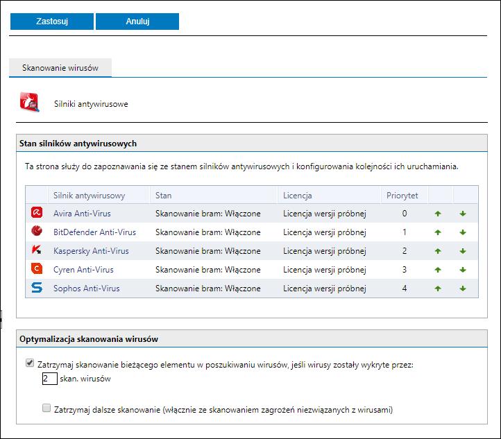 Screenshot 41: Lista priorytetów silników antywirusowych Administratorzy mogą wyświetlać przegląd statusów silników antywirusowych i zmieniać kolejność skanowania wiadomości e-mail.