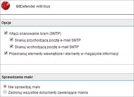 Screenshot 45: Konfiguracja programu BitDefender 2. Zaznacz pole wyboru Włącz skanowanie bram (SMTP), aby skanować wiadomości e-mail za pomocą tego silnika antywirusowego. 3.