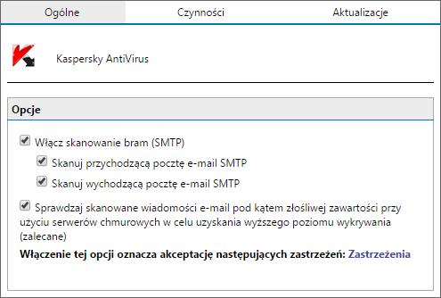 Screenshot 48: Konfiguracja programu Kaspersky 2. Zaznacz pole wyboru Włącz skanowanie bram (SMTP), aby skanować wiadomości e-mail za pomocą tego silnika antywirusowego. 3.