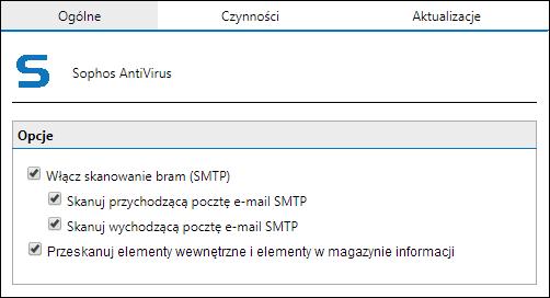 Screenshot 51: Konfiguracja programu Sophos 2. Zaznacz pole wyboru Włącz skanowanie bram (SMTP), aby skanować wiadomości e-mail za pomocą tego silnika antywirusowego. 3.