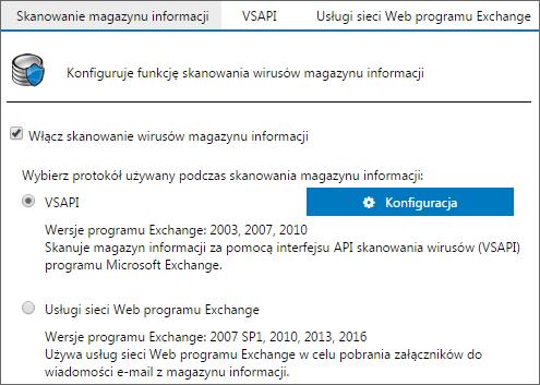 Protokół Interfejs API skanowania wirusów (VSAPI) Wersje programu Exchange 2007 SP1 2010 Interfejs VSAPI skanuje wiadomości e-mail przed ich zapisaniem w magazynie informacji, co gwarantuje