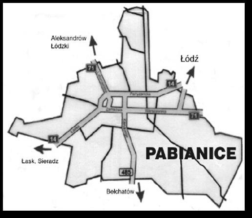 Mapa 12: Obszar miasta Pabianic Miasto położone jest również przy jednym z głównych szlaków komunikacji kolejowej: linia kolejowa przebiegająca przez miasto wraz z licznymi bocznicami do rozładunku