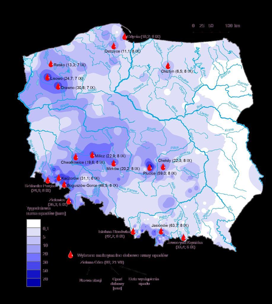 dobowe sumy opadów (w okresie