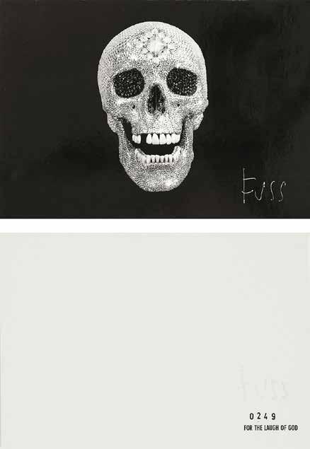 36 34. Peter Fuss Czaszka, 2011 druk, papier, 15 x 21 cm, sygn. Druk nawiązuje do słynnej pracy Damiena Hirsta, w której brytyjski artysta ozdobił czaszkę tysiącem prawdziwych diamentów.