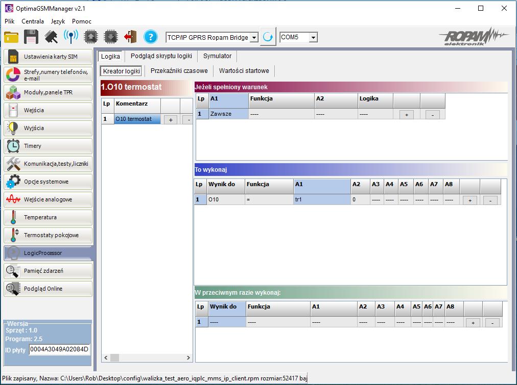 LogicProcessor: termostat TR1 na wyjściu O10.