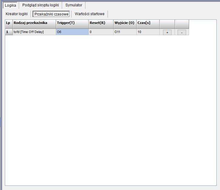 LogicProcessor: oświetlenie garażu O11, po otwarciu bramy O6. Krok 1. Logika-> Przekaźniki czasowe.