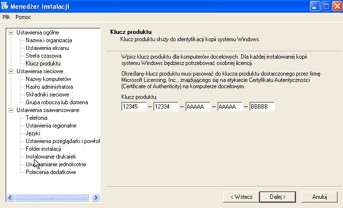 Kliknij Klucz produktu na liście po lewej stronie. W polu "Klucz produktu:" wpisz klucz produktu podany przez instruktora.