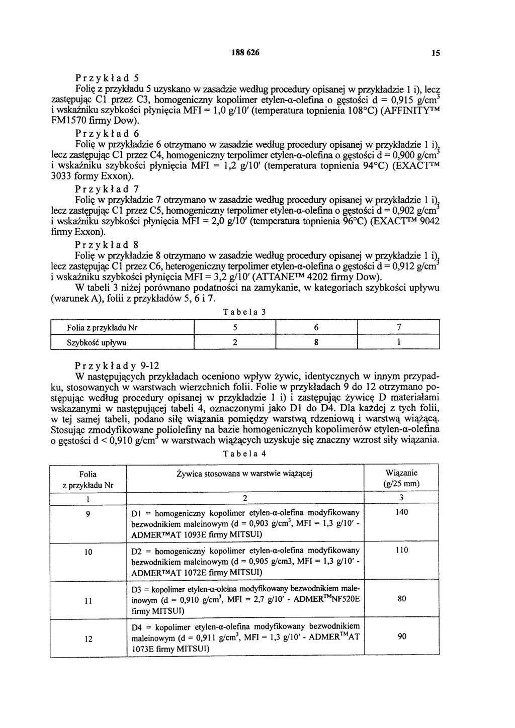 188 626 15 Przykład 5 Folię z przykładu 5 uzyskano w zasadzie według procedury opisanej w przykładzie 1 i), lecz zastępują C 1 przez C3, homogeniczny kopolimer etylen-α-olefina o gęstości d = 0,915