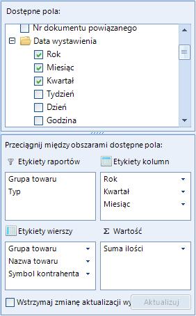 3.3.1.1. Panel wyboru Trzecią metodą edycji etykiet jest panel wyboru. Składa się on z listy dostępnych pól i 4 obszarów z etykietami.