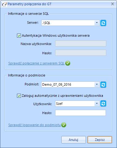 (rys. 7) Parametry połączenia do GT W zależności od konfiguracji serwera SQL możemy do zrealizowania połączenia