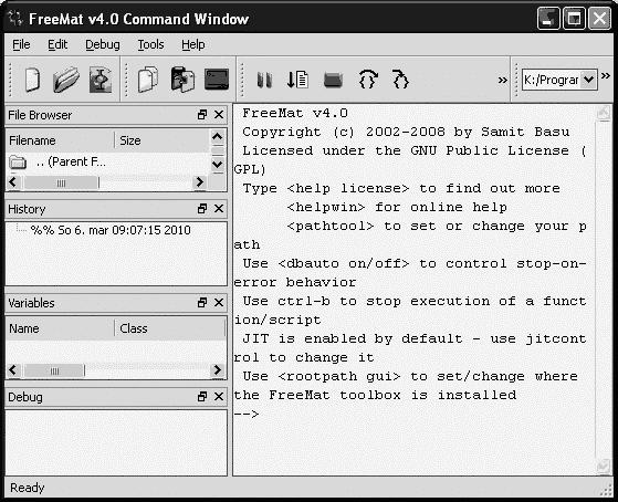 Interaktywne środowisko Matlab a: Pisanie programów w edytorze Pomoc (podręczniki) Historia (poprzednie komendy) Bieżący folder Okno KOMEND i wyników (dialogu) 7 Darmowi krewni Matlab a Matlab jest