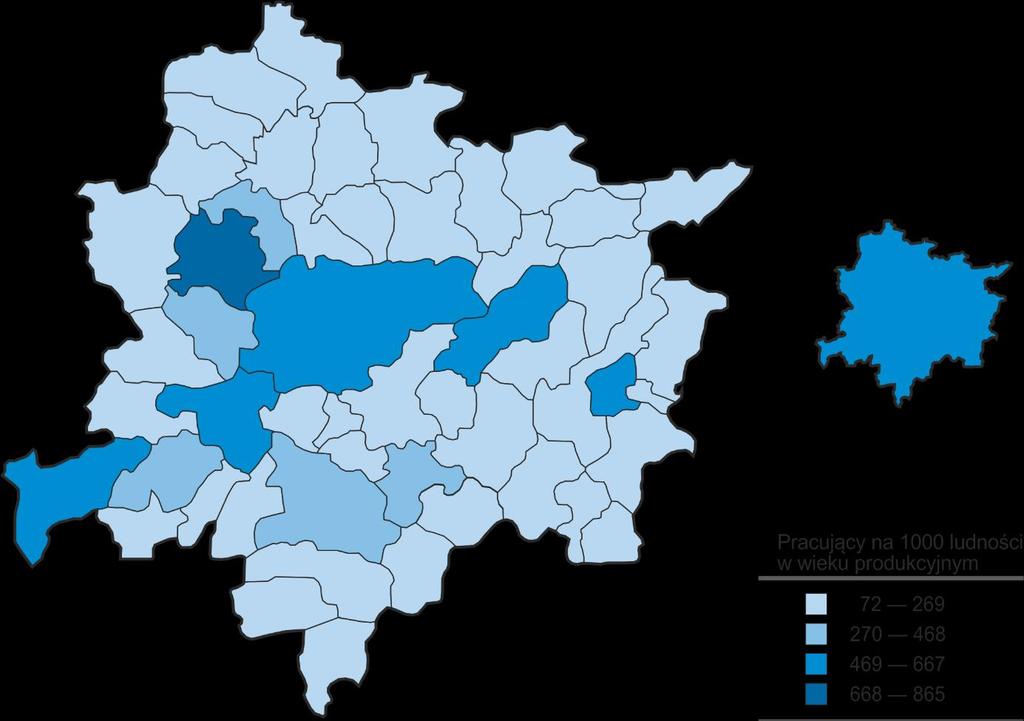 1 DEMOGRAFIA I RYNEK PRACY W analizowanym okresie Kraków skupiał ponad 70% pracujących Krakowskiego Obszaru Metropolitalnego (i ponad 40% omawianej zbiorowości województwa), przy czym udział ten