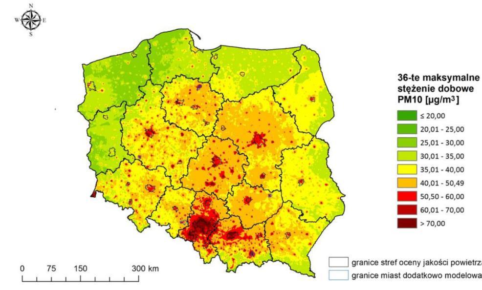 Mapa zanieczyszczeń PM10 Rozkład średniorocznych stężeń pyłu zawieszonego PM10 w roku 2015