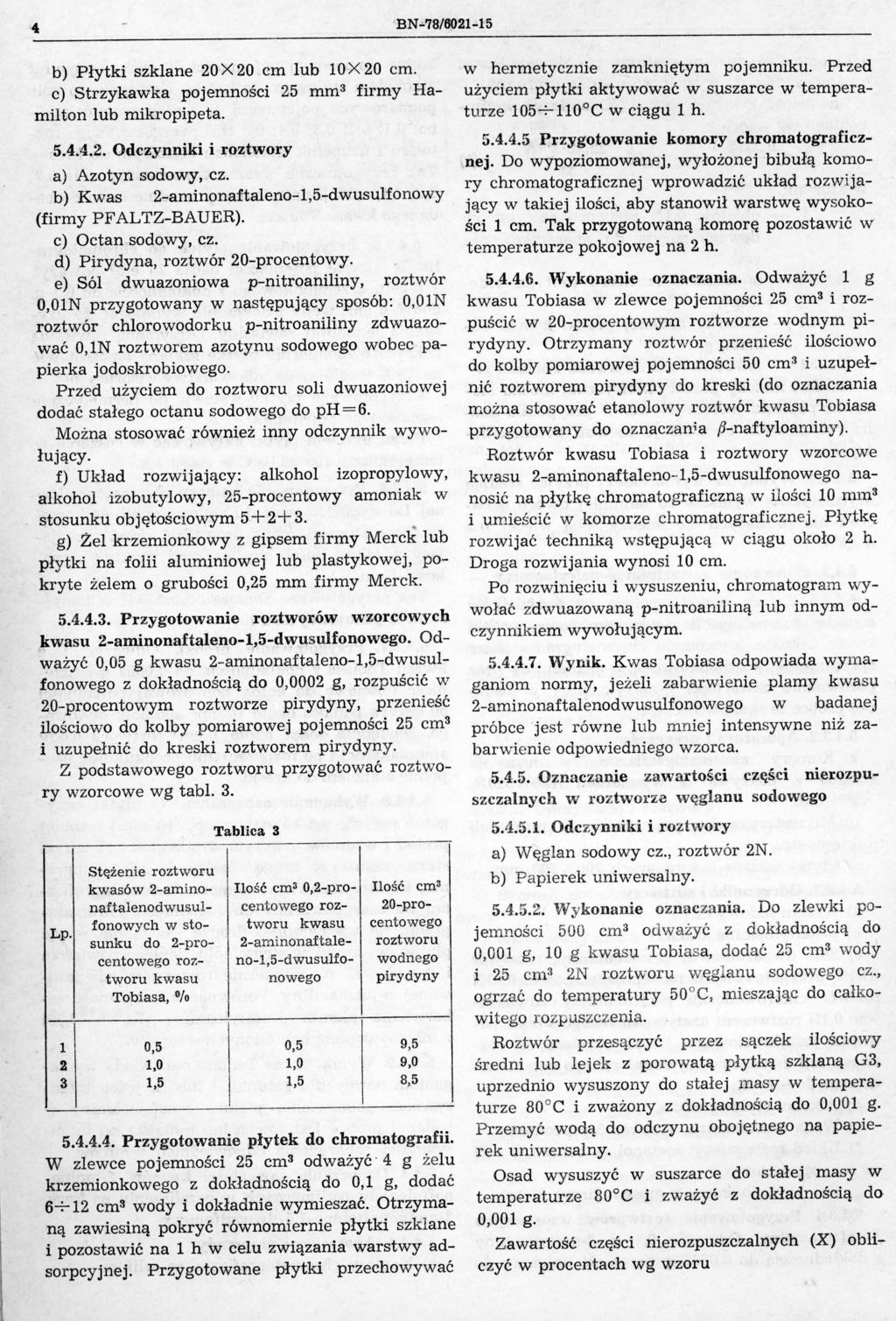 4 BN-78/6021-15 b) Płytki szklane 20 X 20 cm lub 10 X 20 cm. c) Strzykawka pojemności 25 mm 3 firmy Hamilton lub mikropipeta. 5.4:4.2. Odczynniki i roztwory a) Azotyn sodowy, cz.