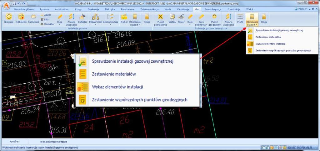 Sprawdzenia poprawności budowy instalacji, obliczenia W celu sprawdzenia poprawności instalacji kliknij przycisk Sprawdzenie Po pojawieniu się tego komunikatu należy zaznaczyć szafkę gazową i przejść