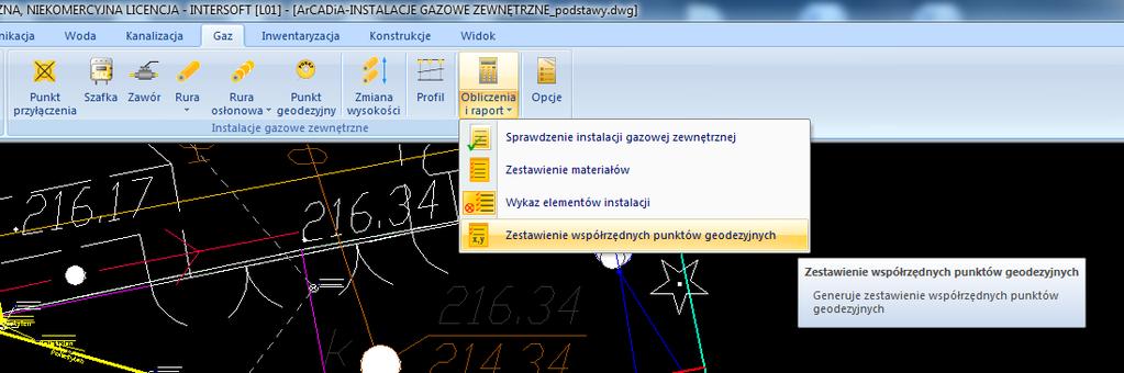 Wybrać ikonę Punkt geodezyjny Na punkty charakterystyczne gazociągu (np. załamania, włączenie w sieć źródłową, szafka) wstawiać punkty geodezyjne.