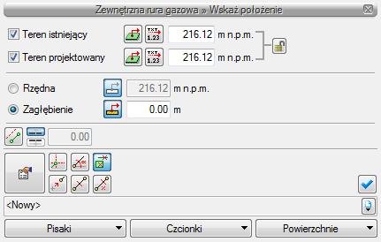 Parametry gazu Podłączyć rurę do Punktu włączenia wybierz ikonę na wstążce Instalacje gazowe zewnętrzne, aby wprowadzić rurociąg gazowy i przyłączyć do Punktu włączenia w gazociąg W oknie wstawienia