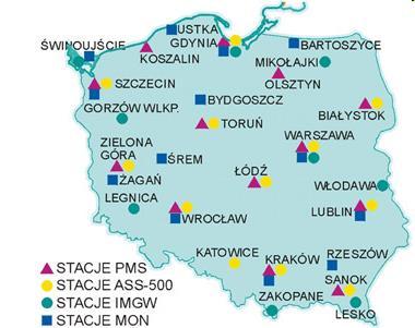 Stacje wczesnego wykrywania skażeń promieniotwórczych 13 stacji automatycznych PMS (Permanent Monitoring Station) (mocy dawki promieniowania gamma oraz widma promieniowania gamma powodowanego