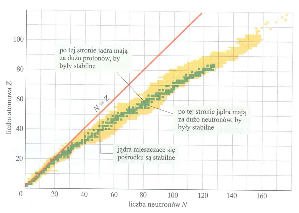 Liczba protonów a neutronów Znanych jest ok. 3000 nuklidów, z czego tylko ok.