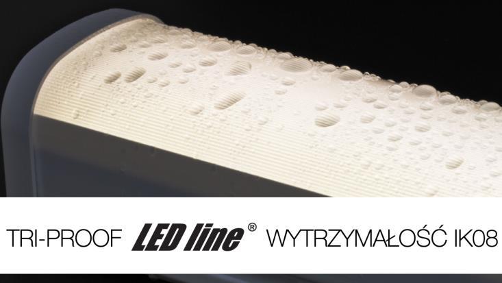 Szczelność (IP65) i wytrzymałość (IK08) Lampy LED line TRI-PROOF odporne są nawet na śnieg i deszcz. Świetnie sprawdzają się w oświetleniu pomieszczeń o dużej wilgotności i zapyleniu, np.