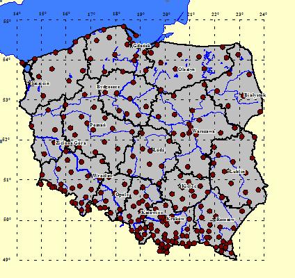 The mean values of concentrations of natural radionuclides in soil in Poland are: for 226 Ra - 24.8, for 228 Ac 23.8 Bq kg -1 and for 40 K 415 Bq kg -1.