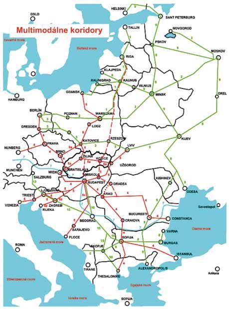 Obrázok 2 Multimodálne koridory Sieť transeurópskych magistrál TEM (Transeuropean Motorway Rím 1991) na území Slovenskej republiky obsahuje sedem úsekov E ciest zoskupených do ťahov TEM 1 až TEM 7.