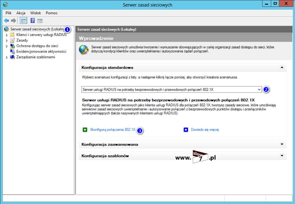 36 (Pobrane z slow7.pl) Wybranie linku spowoduje uruchomienia kreatora, który przeprowadzi Nas przez cały proces wdrożenia protokołu 802.1x.