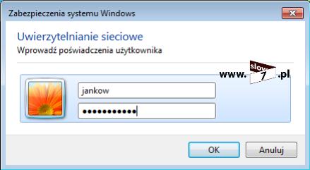 53 (Pobrane z slow7.pl) Na komunikat ten oczywiście należy kliknąć. Pojawi się okno zabezpieczeń systemu Windows w którym to należy wpisać poświadczenia użytkownika mogącego połączyć się z siecią.